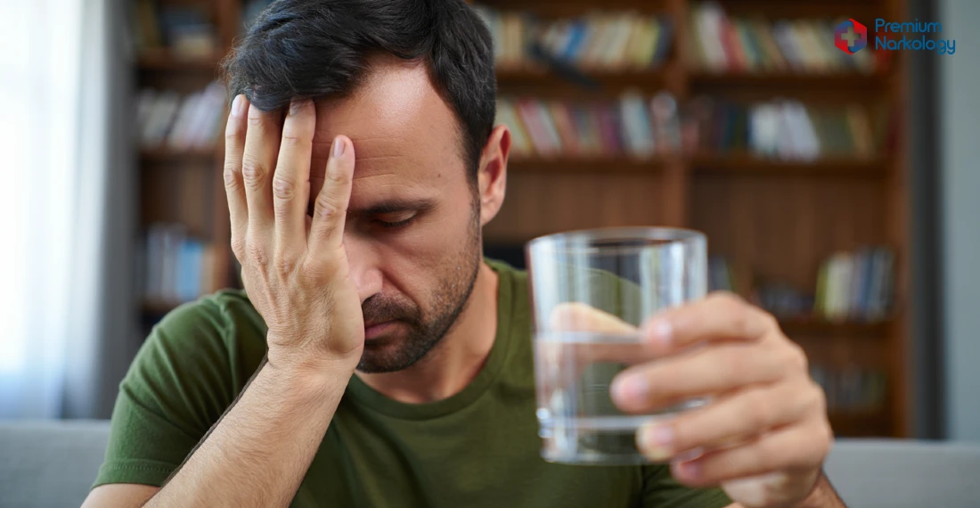 Мужчина сидит со стаканом в руках